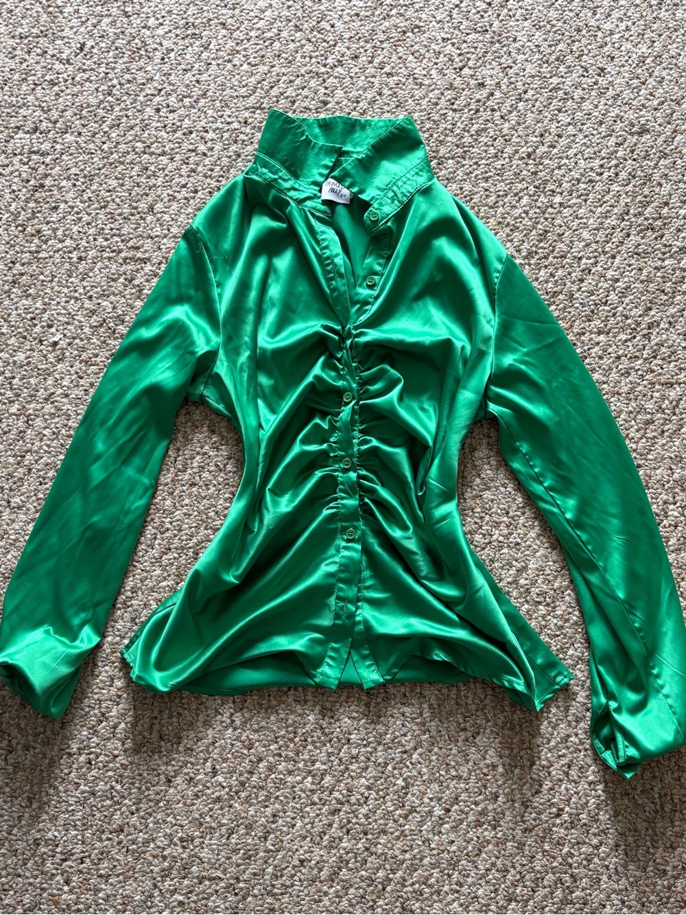 princess polly Classic Ruched Satin Shirt - Green